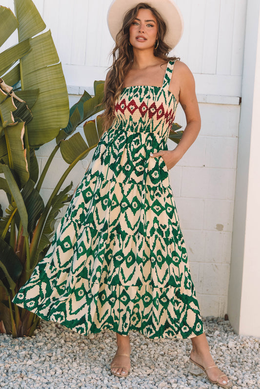 Green Western Aztec Shirred A-line Sleeveless Maxi Dress