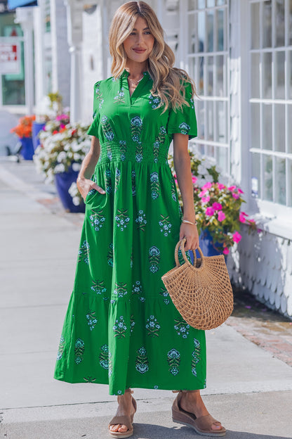 Floral Print Split Neck Shirred High Waist Ruffle Hem Maxi Dress