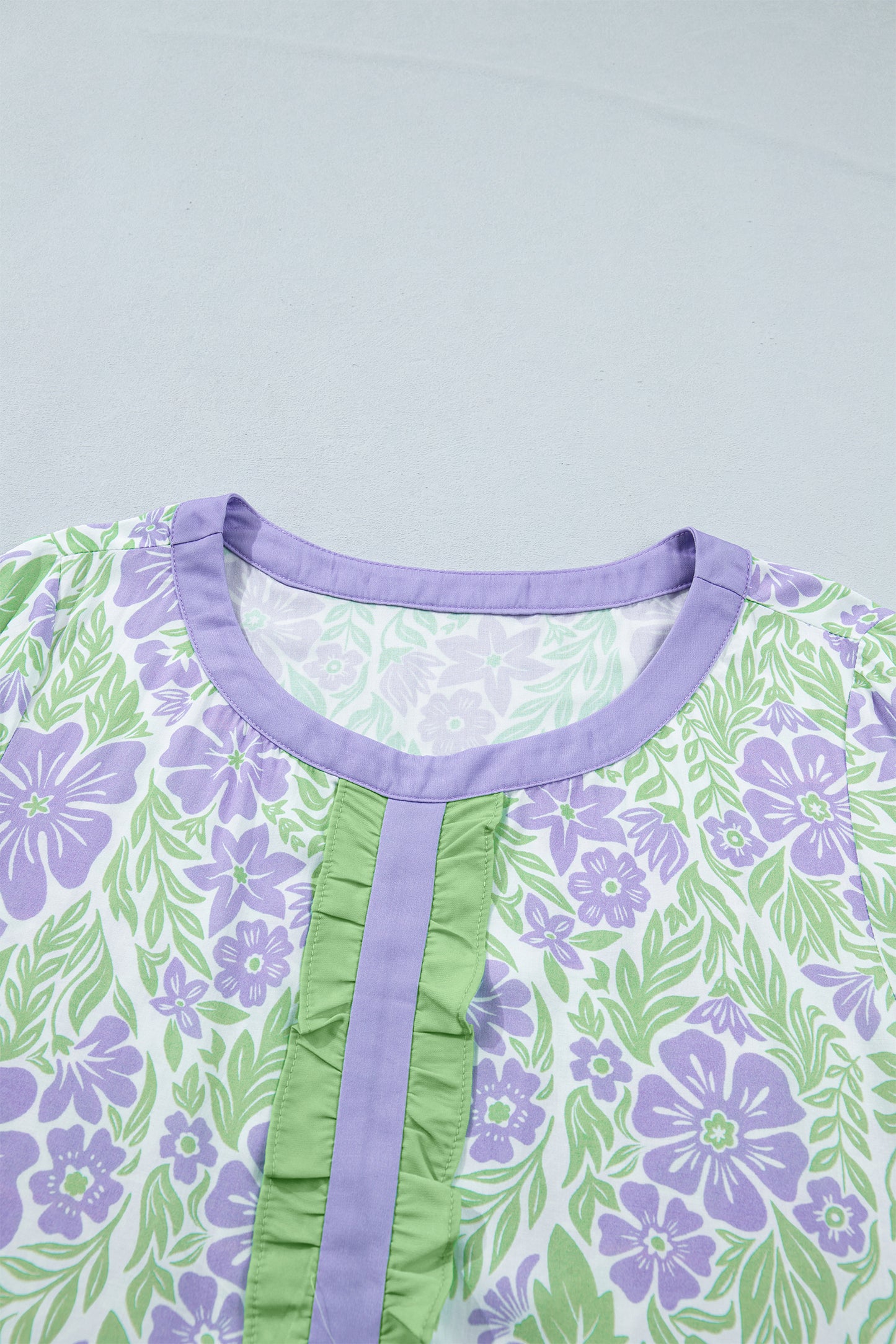 Floral Print Ruffled Color Block Trim Half Sleeve Blouse