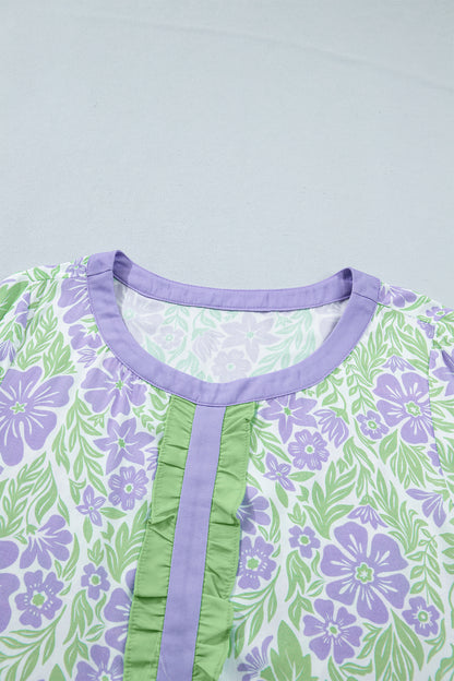 Floral Print Ruffled Color Block Trim Half Sleeve Blouse