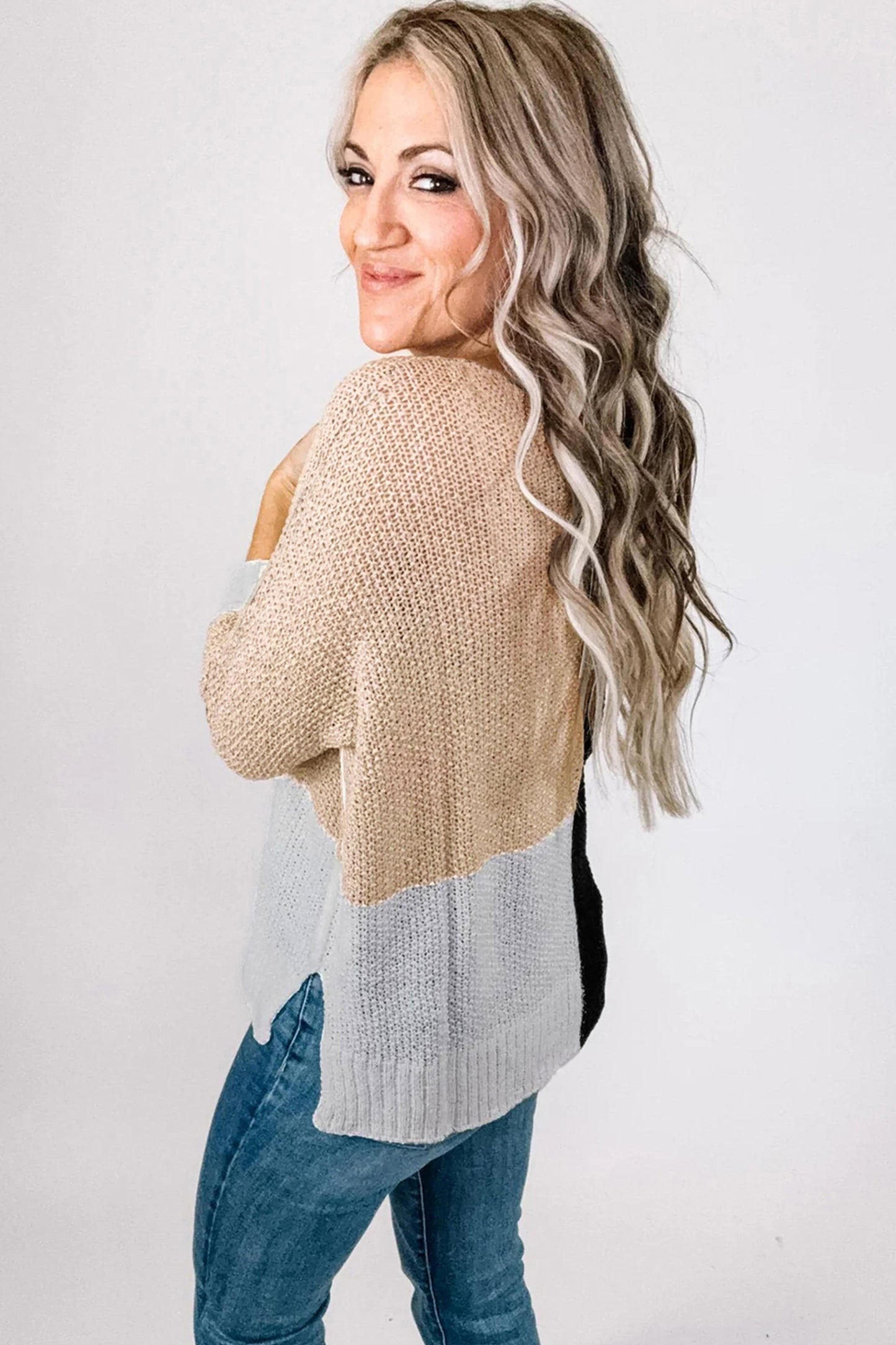 Chestnut Color Block Knit V Neck Loose Sweater