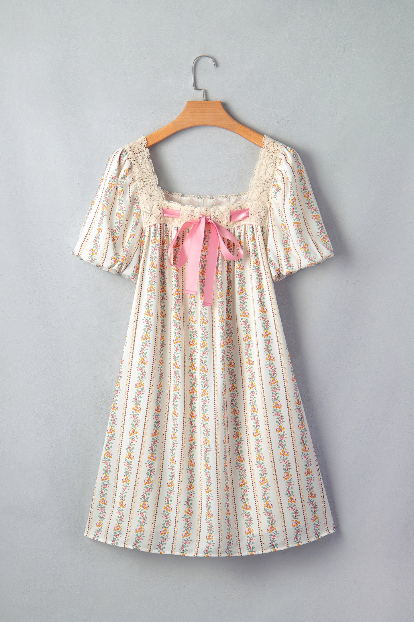 Multicolour Floral Print Contrast Ribbon Bow Lace Trim Square Neck Mini Dress