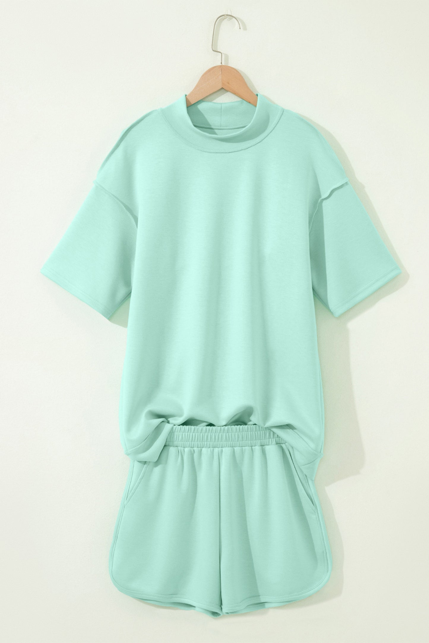 Solid Color Exposed Seam Mock Neck Oversize Tee Casual Shorts 2pcs Outfit