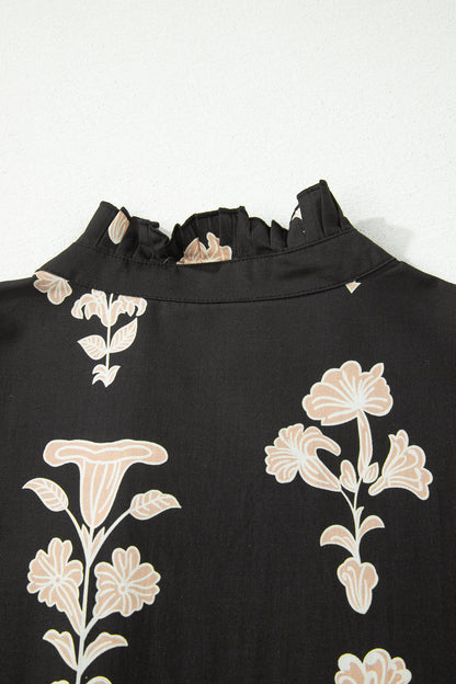 Frilled V Neck Puff Short Sleeve Floral Mini Dress