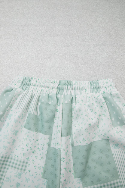 Patchwork Floral Print Drop Shoulder Baggy Pullover Drawstring Shorts Set