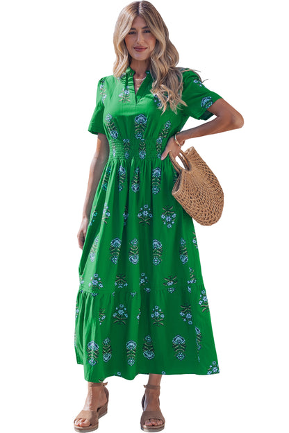 Floral Print Split Neck Shirred High Waist Ruffle Hem Maxi Dress
