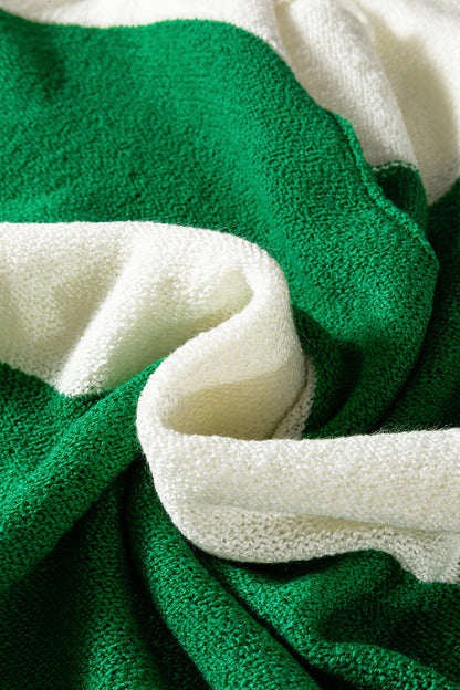 Green Stripe Loose Color Block Drop Shoulder Bubble Sleeve Sweater