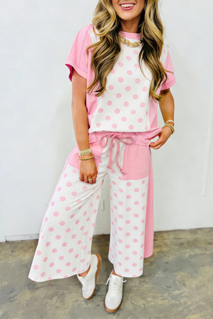 Color Block Patchwork Polka Dot Wide Leg Pant Set