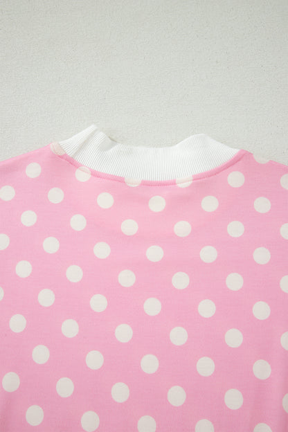 Polka Dot Print Color Block Trim Mock Neck Short Set