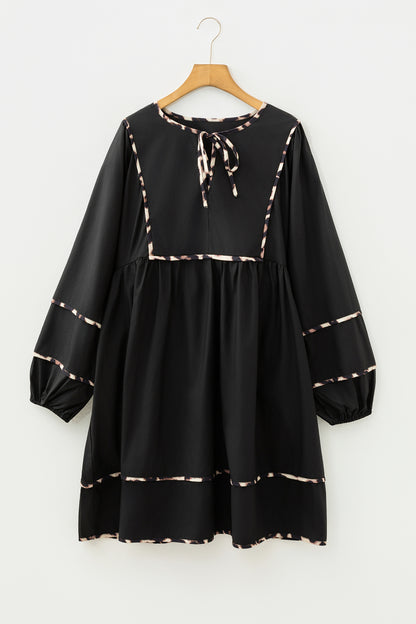 Black Plus Size Long Sleeve Leopard Contrasted Trim Tie Neck Flared Mini Dress