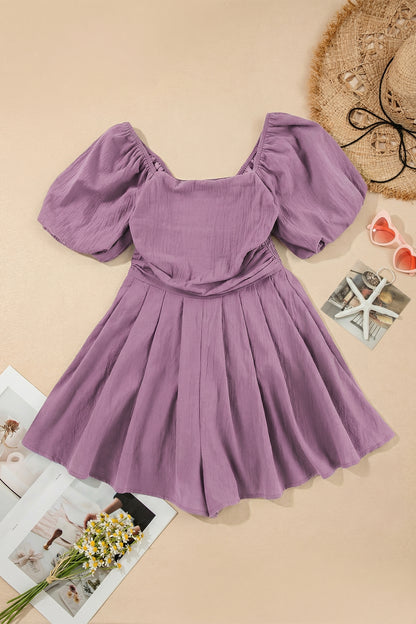 Square Neck Ruched Puff Sleeve Romper
