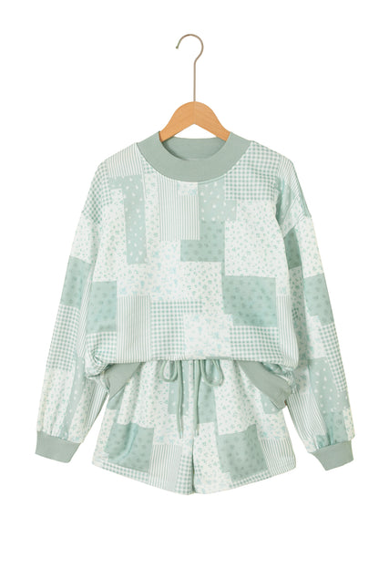 Patchwork Floral Print Drop Shoulder Baggy Pullover Drawstring Shorts Set