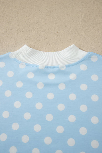 Polka Dot Print Color Block Trim Mock Neck Short Set