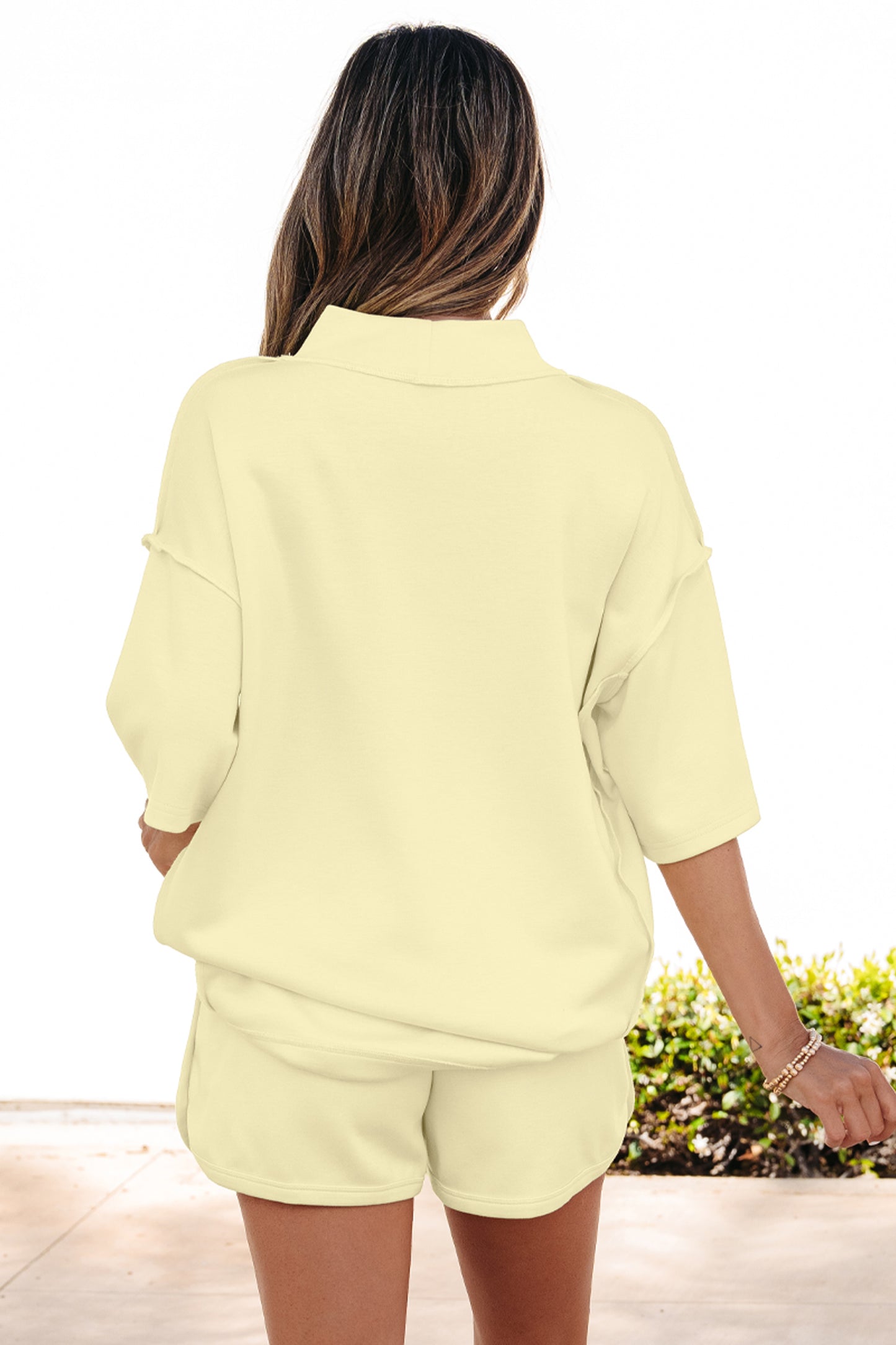 Solid Color Exposed Seam Mock Neck Oversize Tee Casual Shorts 2pcs Outfit