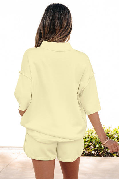 Solid Color Exposed Seam Mock Neck Oversize Tee Casual Shorts 2pcs Outfit