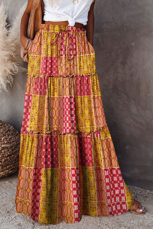 Tiered Paisley Print Pocketed Maxi Skirt