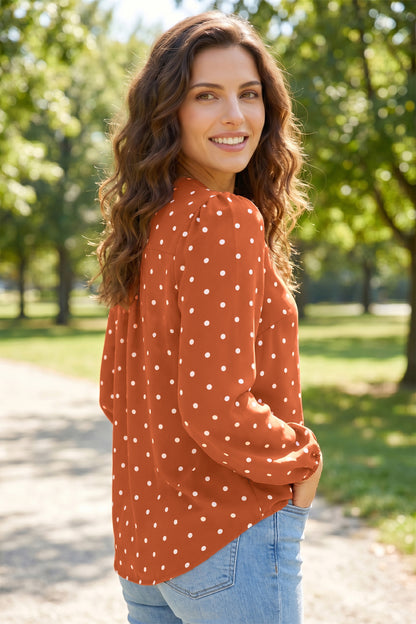 Brown Polka Dot Half Button V Neck Long Sleeve Blouse