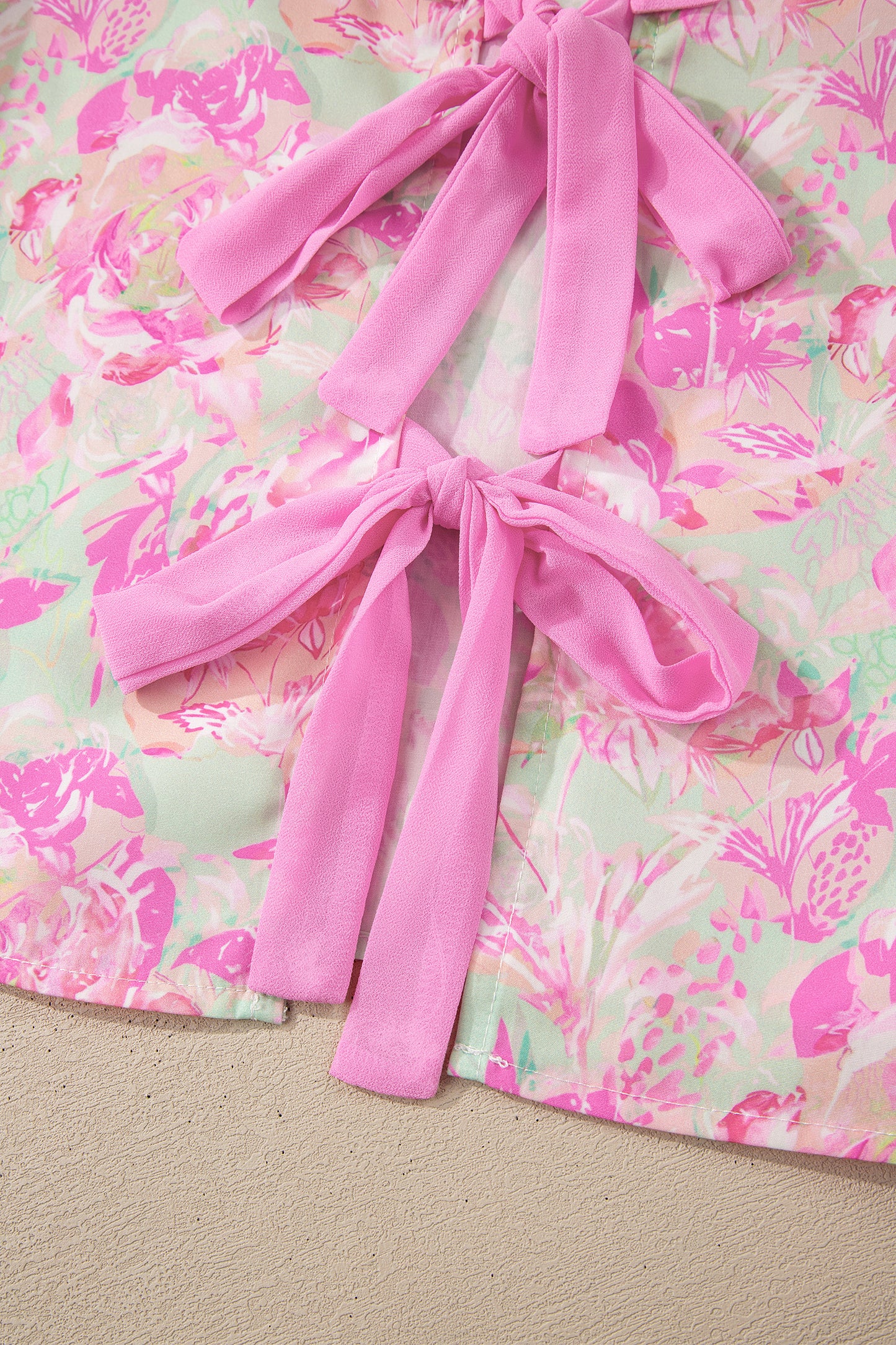 Pink Ribbon Knot Front Floral Short Puff Sleeve Blouse