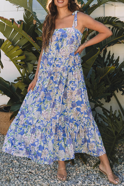Sky Blue Floral Print Self-tie Straps Flowy Ruffle Long Dress