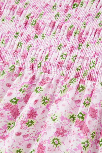 Floral Short Bubble Sleeve Shirred High Waist Maxi Dress