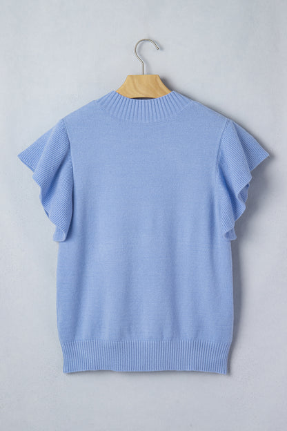 Beau Blue Solid Color Ribbed Trim Round Neck Ruffle Short Sleeve Sweater