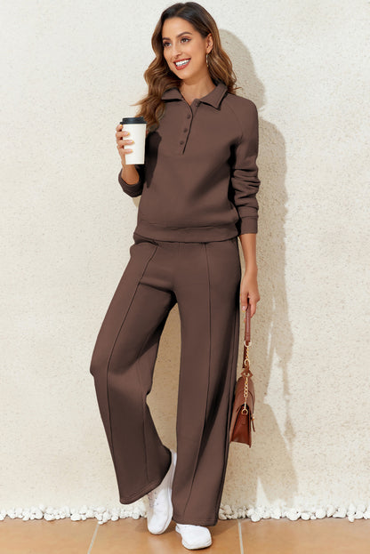 Dark Brown Solid Collared Sweatshirt and High Waist Pants Active Set