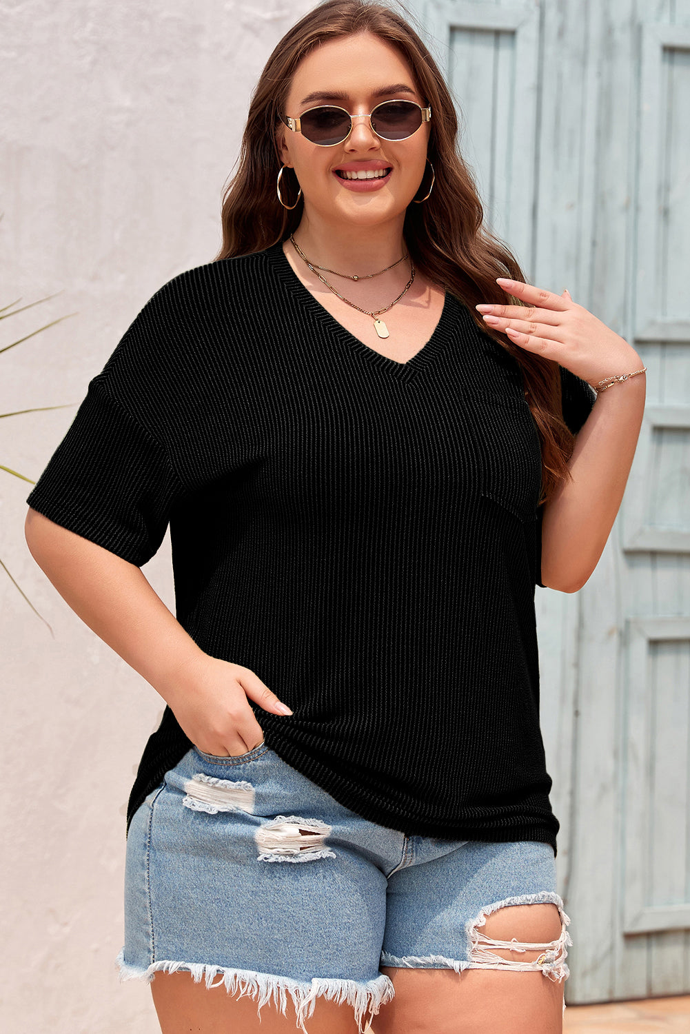 Textured V-Neck Dropped Shoulder Plus T-Shirt