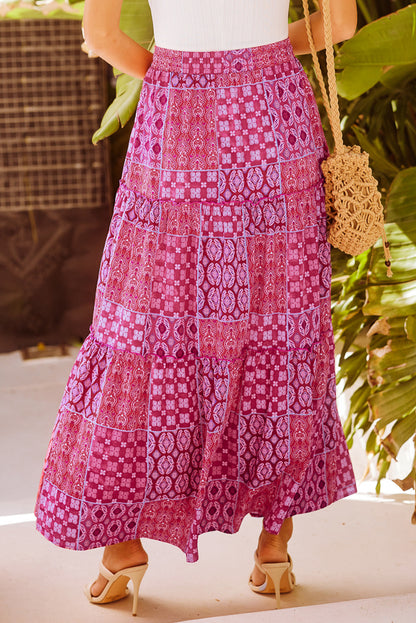 Tiered Paisley Print Pocketed Maxi Skirt