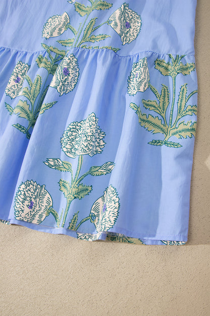 Sky Blue Wild Floral Print Scalloped Embroidery Trim V Neck Drop Waist Mini Dress