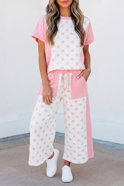 Color Block Patchwork Polka Dot Wide Leg Pant Set