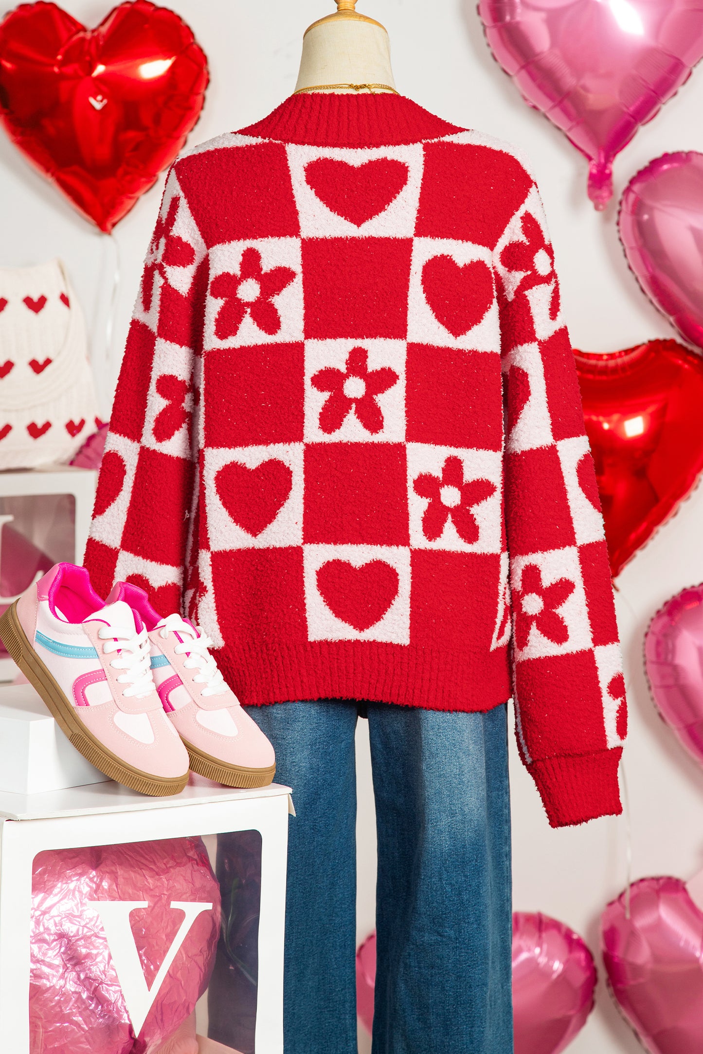 Fiery Red V Neck Flower Heart Detail Checkered Knit Loose Sweater