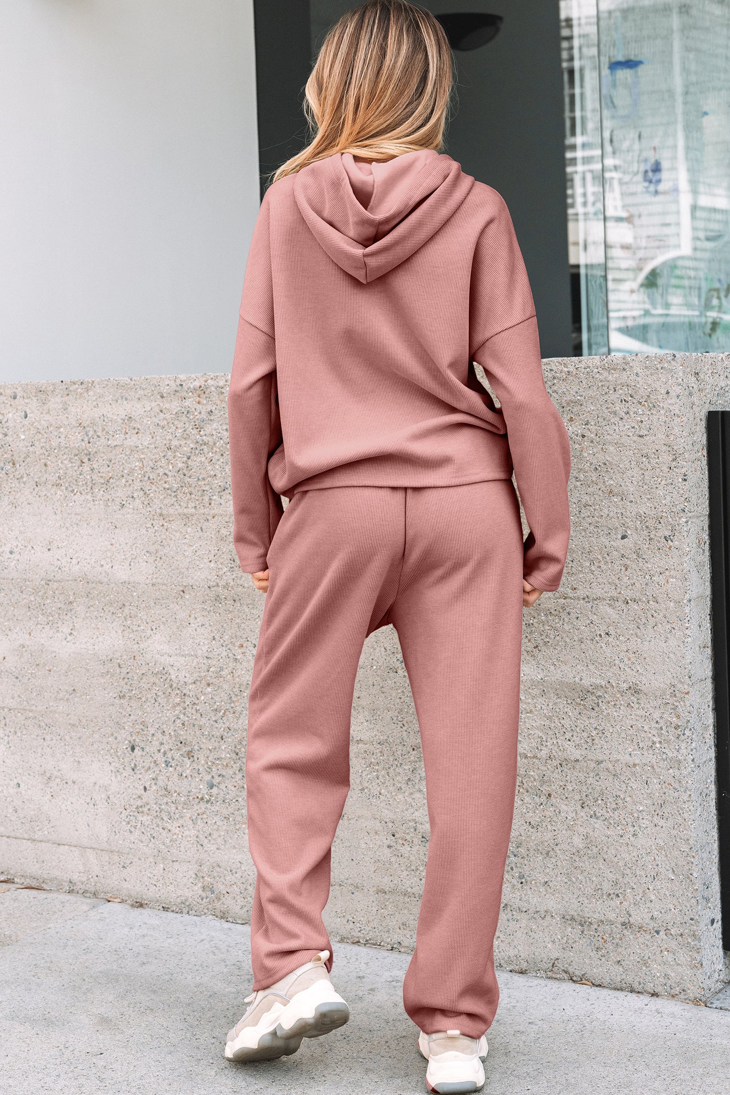 Lace Drawstring Pullover Hoodie and High Waist Pants Corduroy Suit