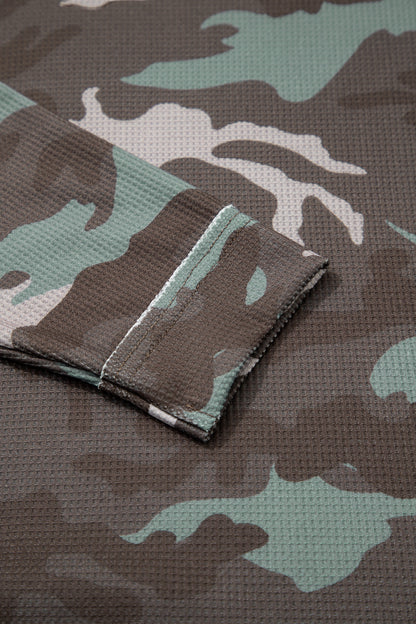 Green Camouflage Print Textured Drop Shoulder Long Sleeve Top