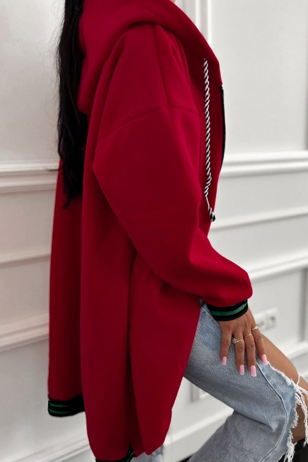 Four Leaf Clover Contrast Cuffed Drop Shoulder Zip up Tunic Hoodie