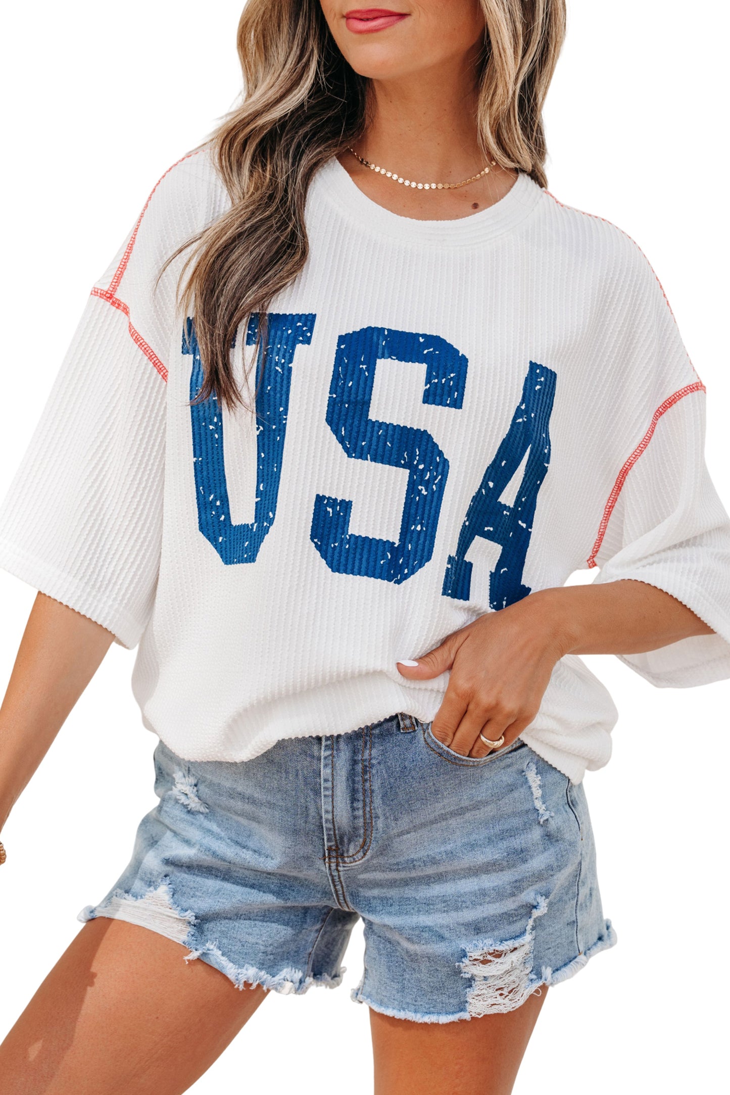 USA Graphic Half Sleeve Loose Ribbed Top