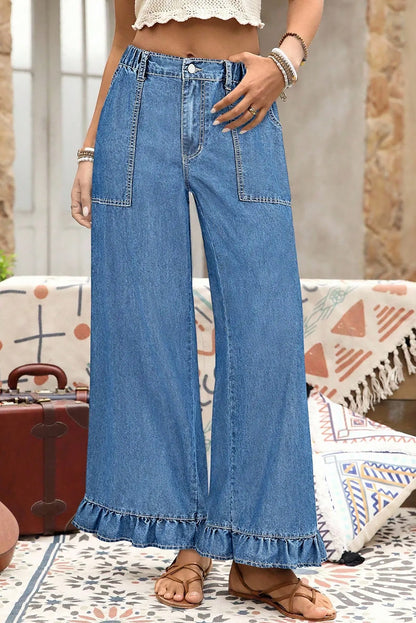 Black Plus Size Elastic Waist Ruffled Wide Leg Denim Pants