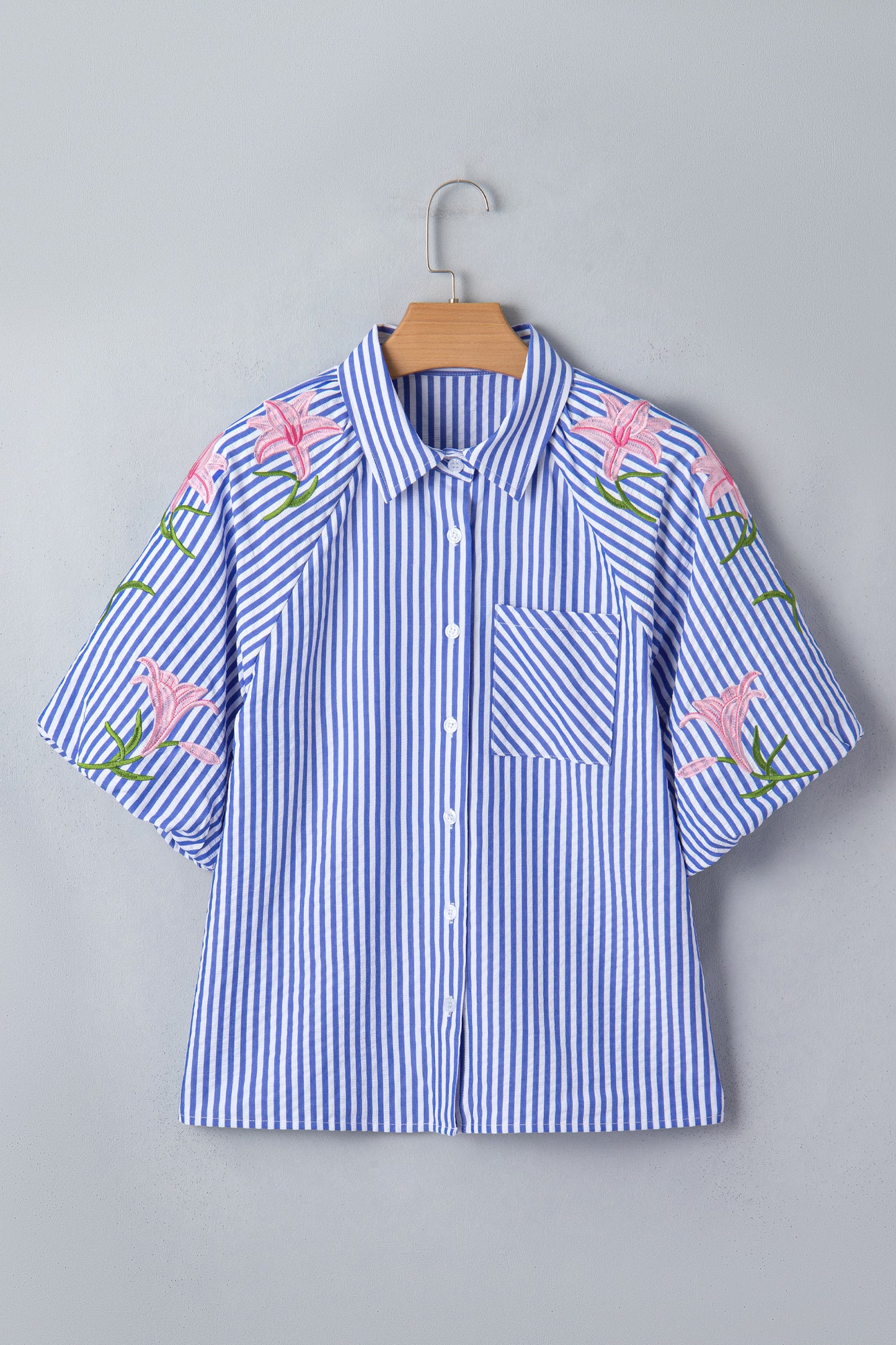 Sky Blue Stripe Lily Floral Embroidered Puff Sleeve Button Down Shirt
