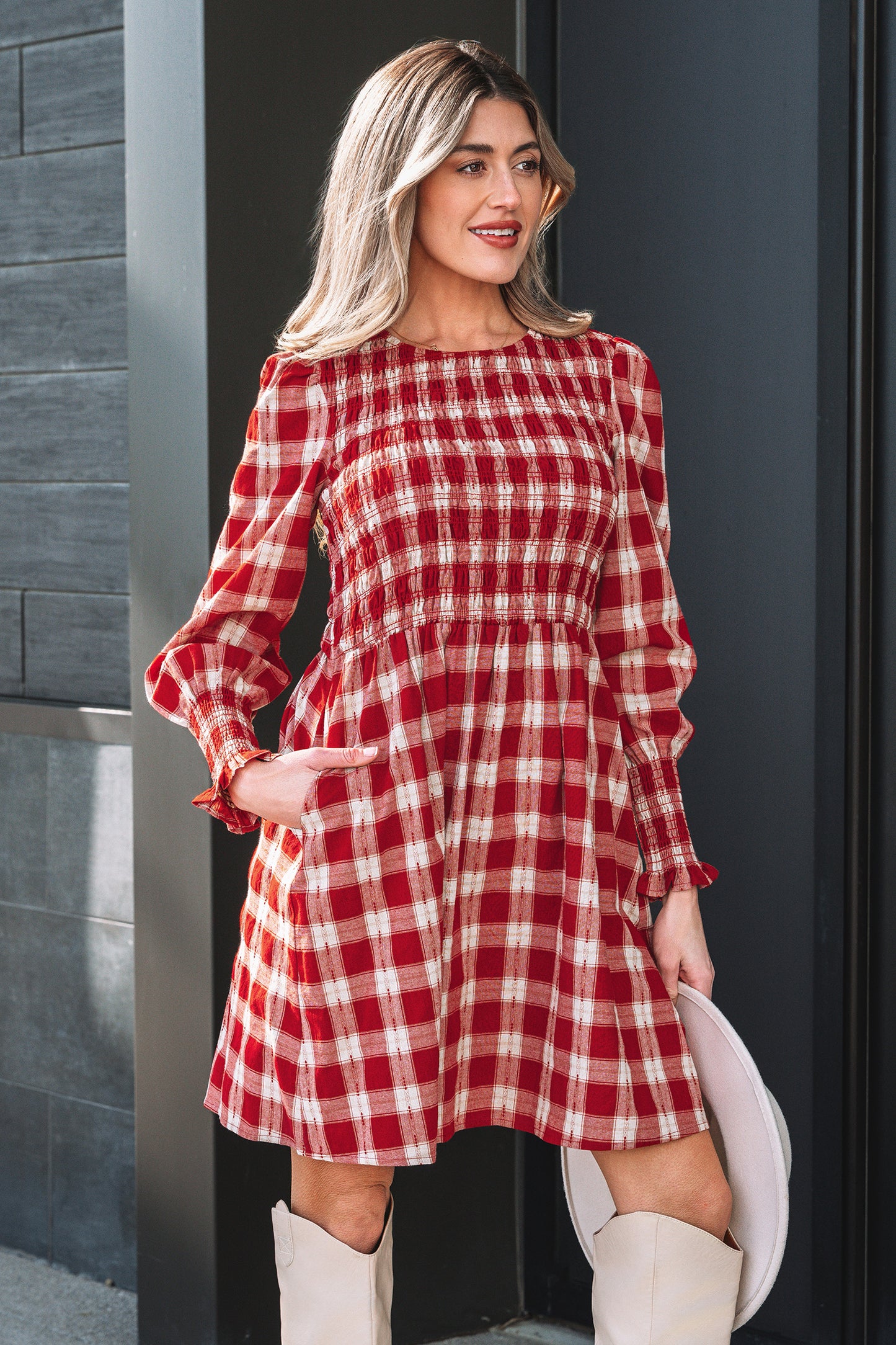 Red Plaid Print Smocked Puff Sleeve Mini Dress