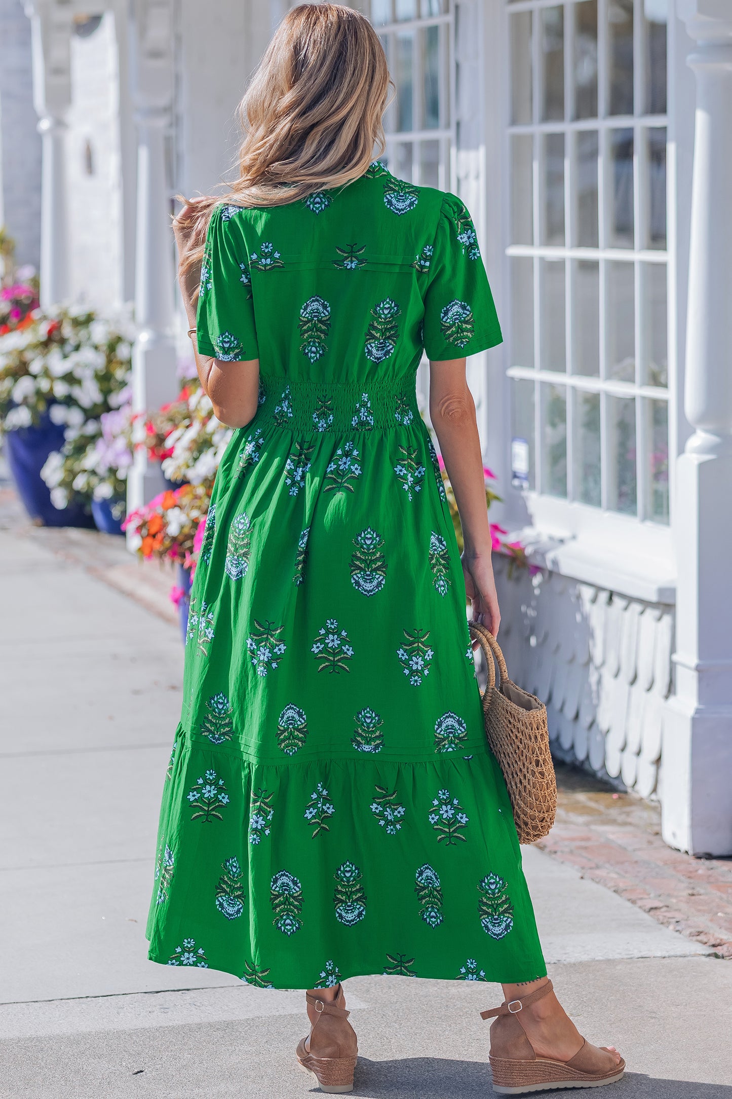 Floral Print Split Neck Shirred High Waist Ruffle Hem Maxi Dress