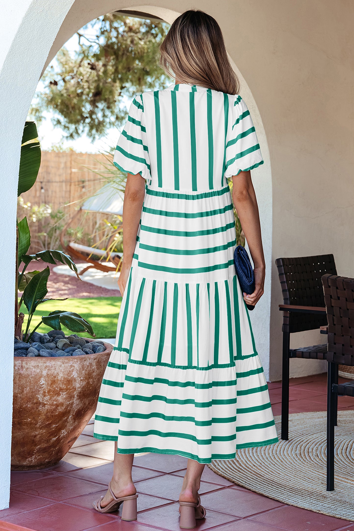 Stripe Ricrac Trim Notched Neck Half Sleeve Vacation Dress