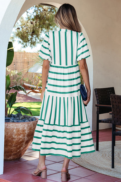 Stripe Ricrac Trim Notched Neck Half Sleeve Vacation Dress