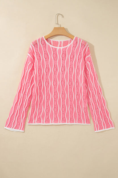 Wavy Detail Hollow Out Knit Long Sleeve Cotton Pullover Sweater