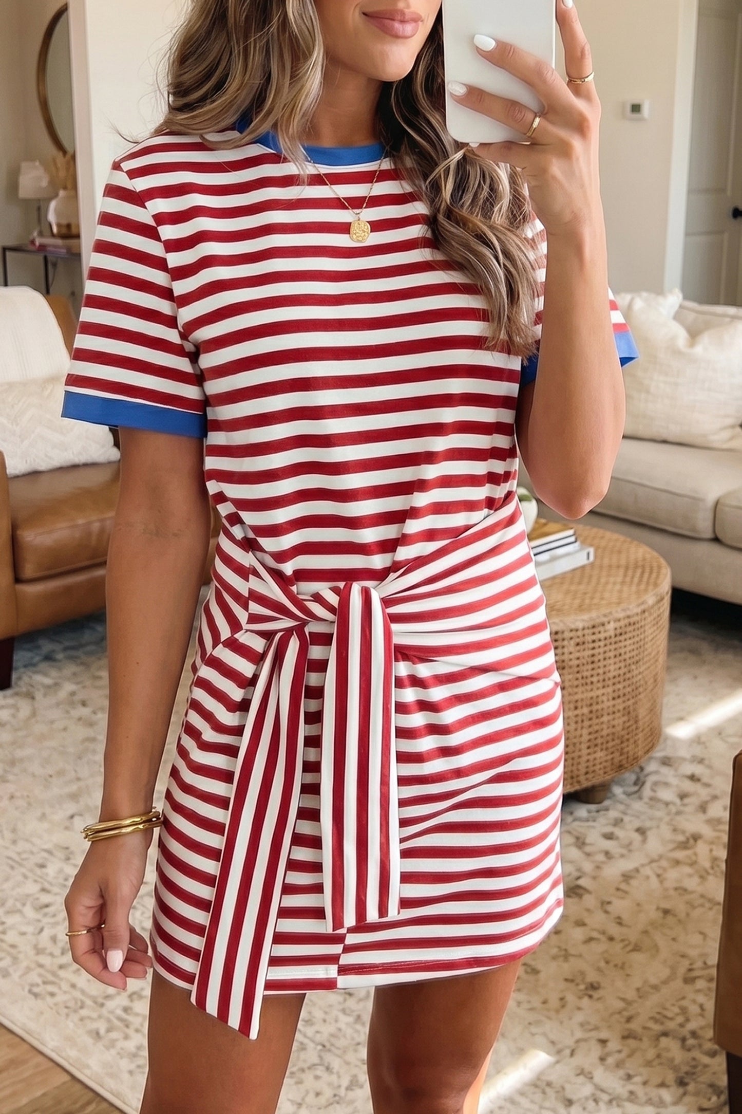 Stripe Nautical Tie Contrast Trim Round Neck T Shirt Mini Dress