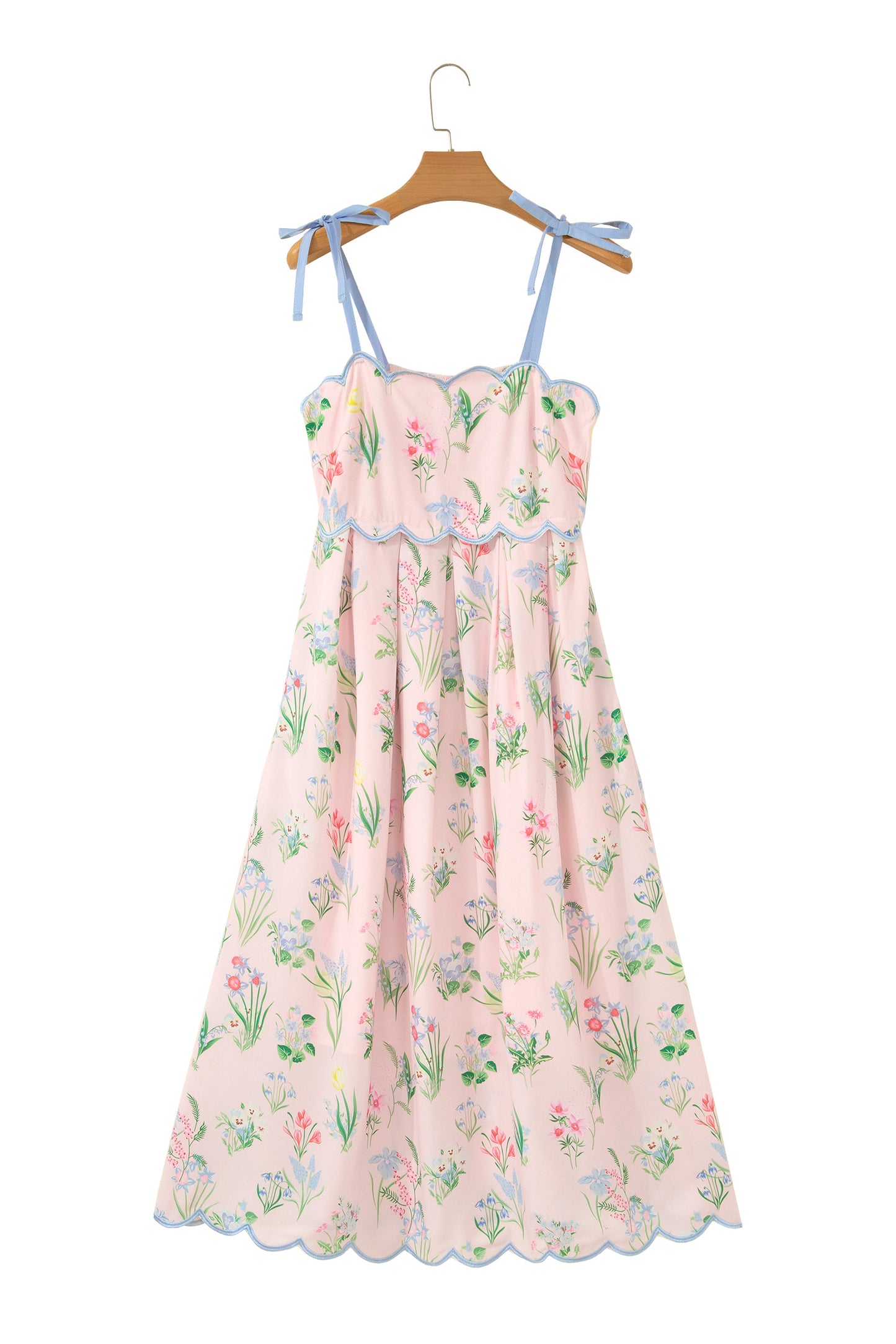 Floral Print Contrast Trim Self-tie Straps High Waist Midi Dress
