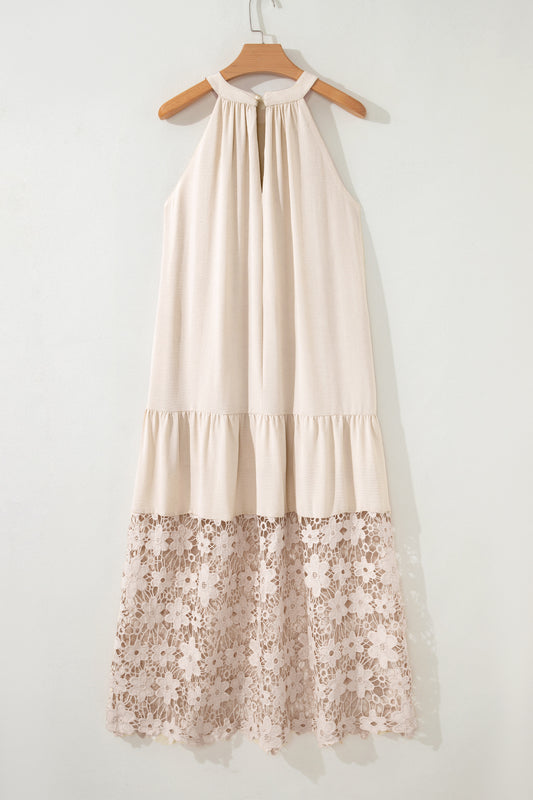 Beige Sheer Hollowed Floral Lace Hem Patchwork Loose Halter Summer Dress