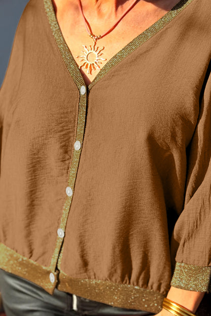 Brown V Neck Glitter Trim Patchwork Button-Front Blouse