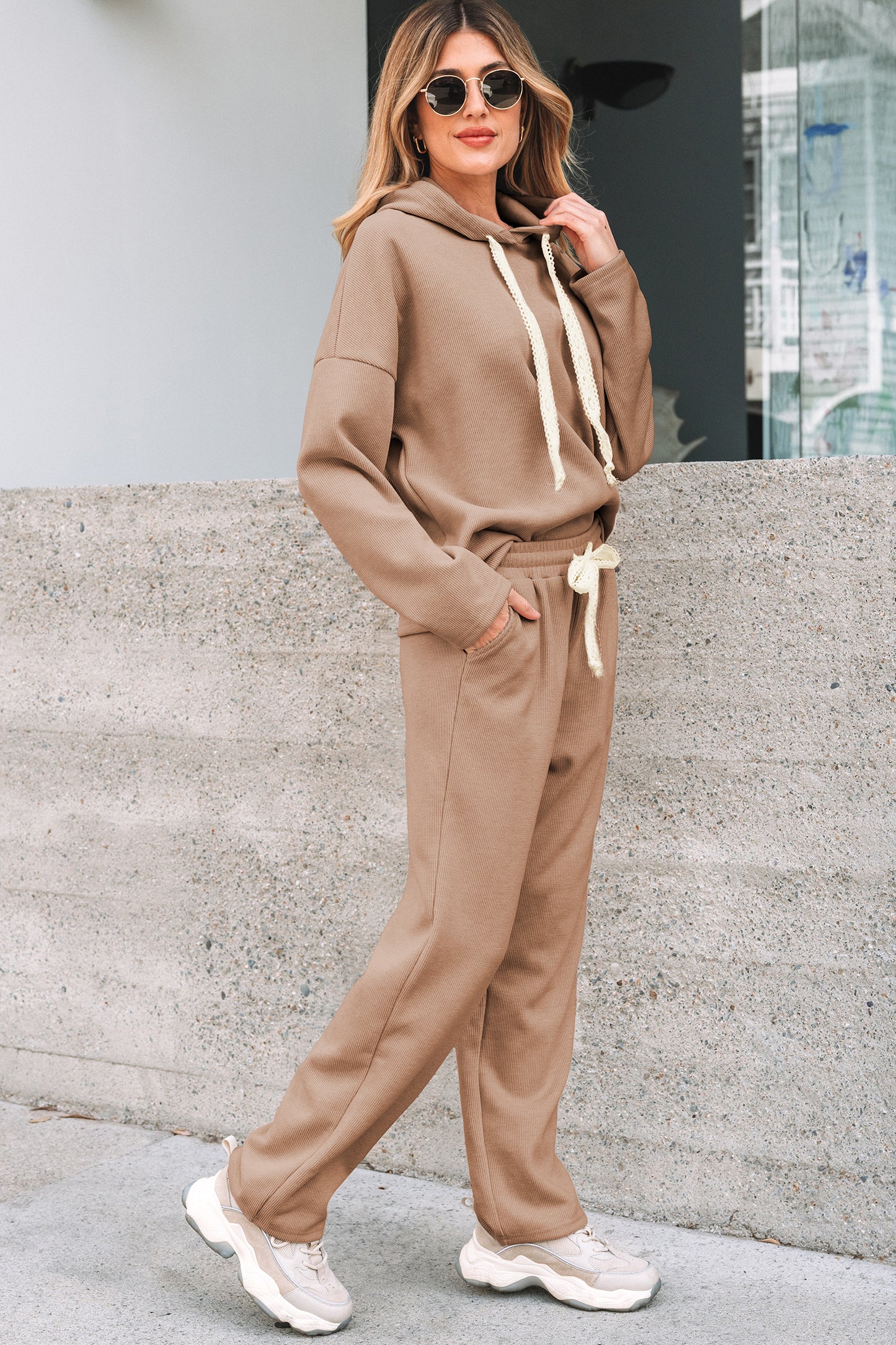 Lace Drawstring Pullover Hoodie and High Waist Pants Corduroy Suit
