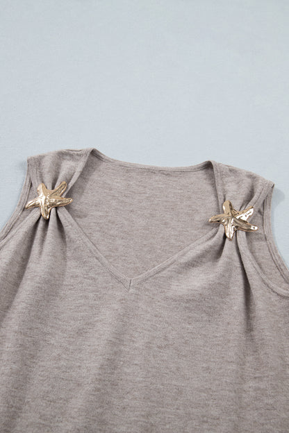 Gray Morn Metal Star Detail V Neck Sweater Knit Tank Top