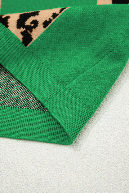 Black Leopard Checkerboard Short Sleeve Knit Sweater