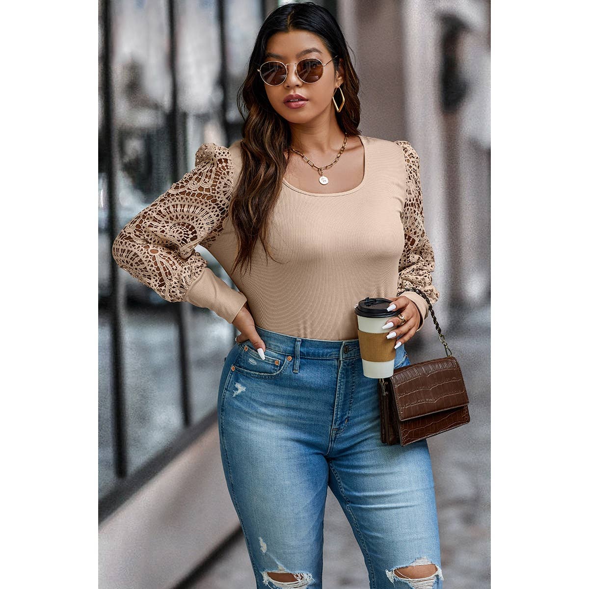 Plus Square Neck Color Block Hollow Out Solid Top